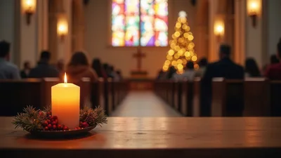Lit Advent Candle In A Church During Christmas Service