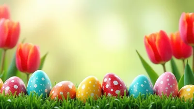 Colorful Easter Eggs In Green Grass With Tulips
