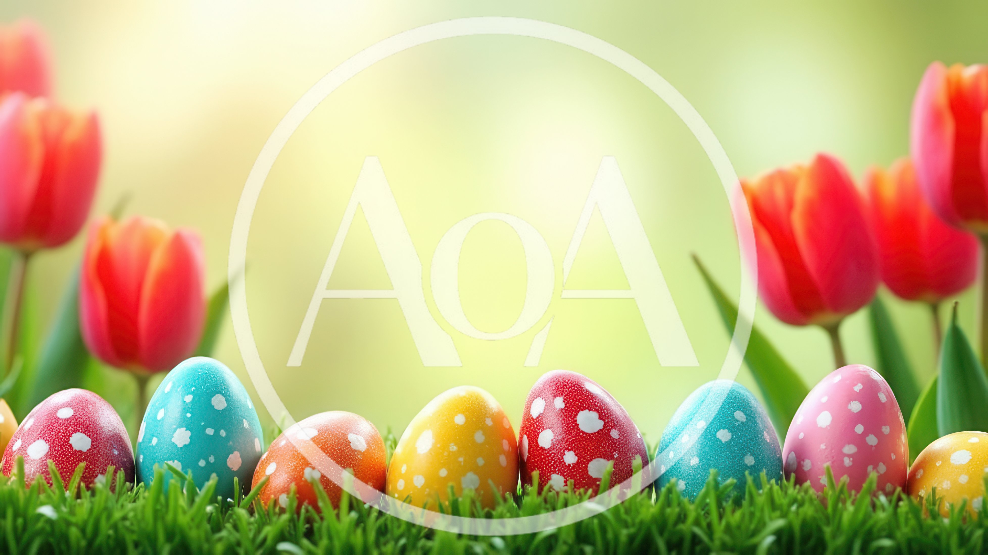 Colorful Easter Eggs In Green Grass With Tulips