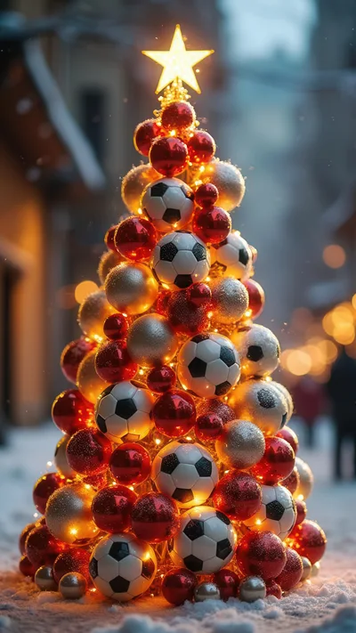 Christmas Tree Decorated With Soccer Balls And Ornaments