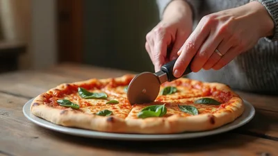 Person Cutting Fresh Margherita Pizza With Roller Cutter