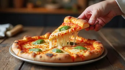 Hand Lifting A Slice Of Cheesy Margherita Pizza
