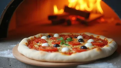 Fresh Pizza Baking Inside A Traditional Wood Fired Oven