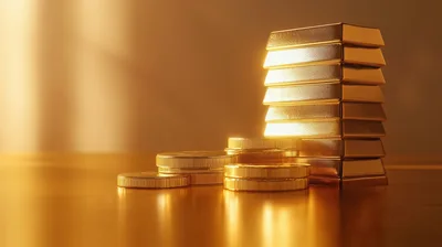 Stack of Gold Bars and Coins on Reflective Surface