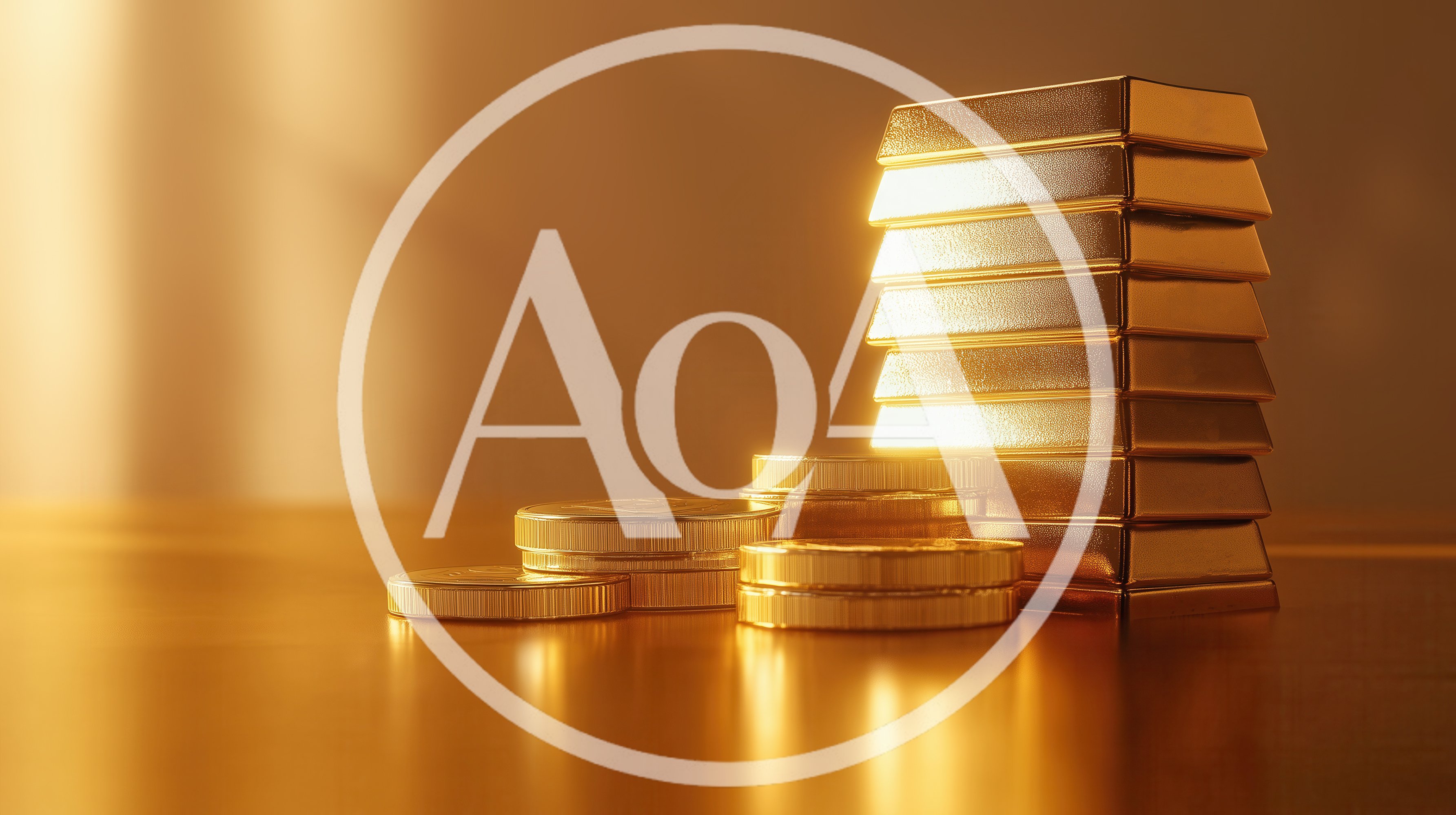 Stack of Gold Bars and Coins on Reflective Surface
