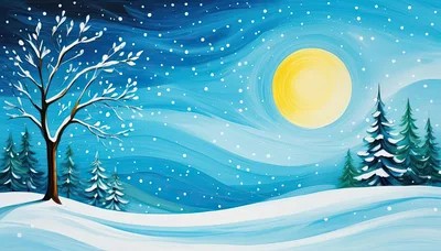 Winter Landscape With Snow Covered Trees And Full Moon