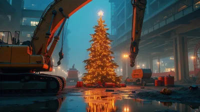 Illuminated Christmas Tree at an Industrial Construction Site