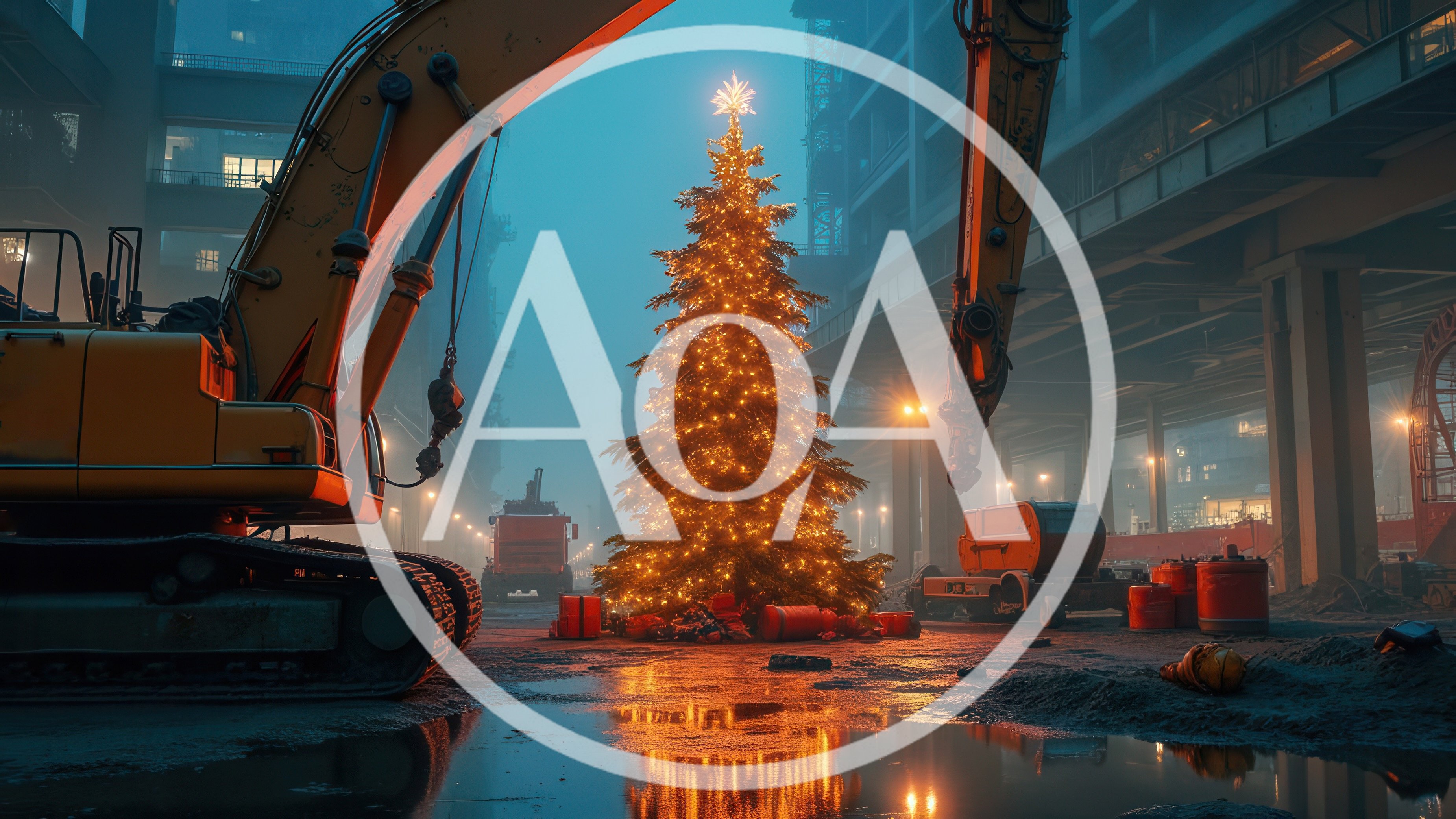 Illuminated Christmas Tree at an Industrial Construction Site
