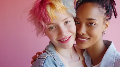 Two Diverse Young Women Embracing Against Pink Background