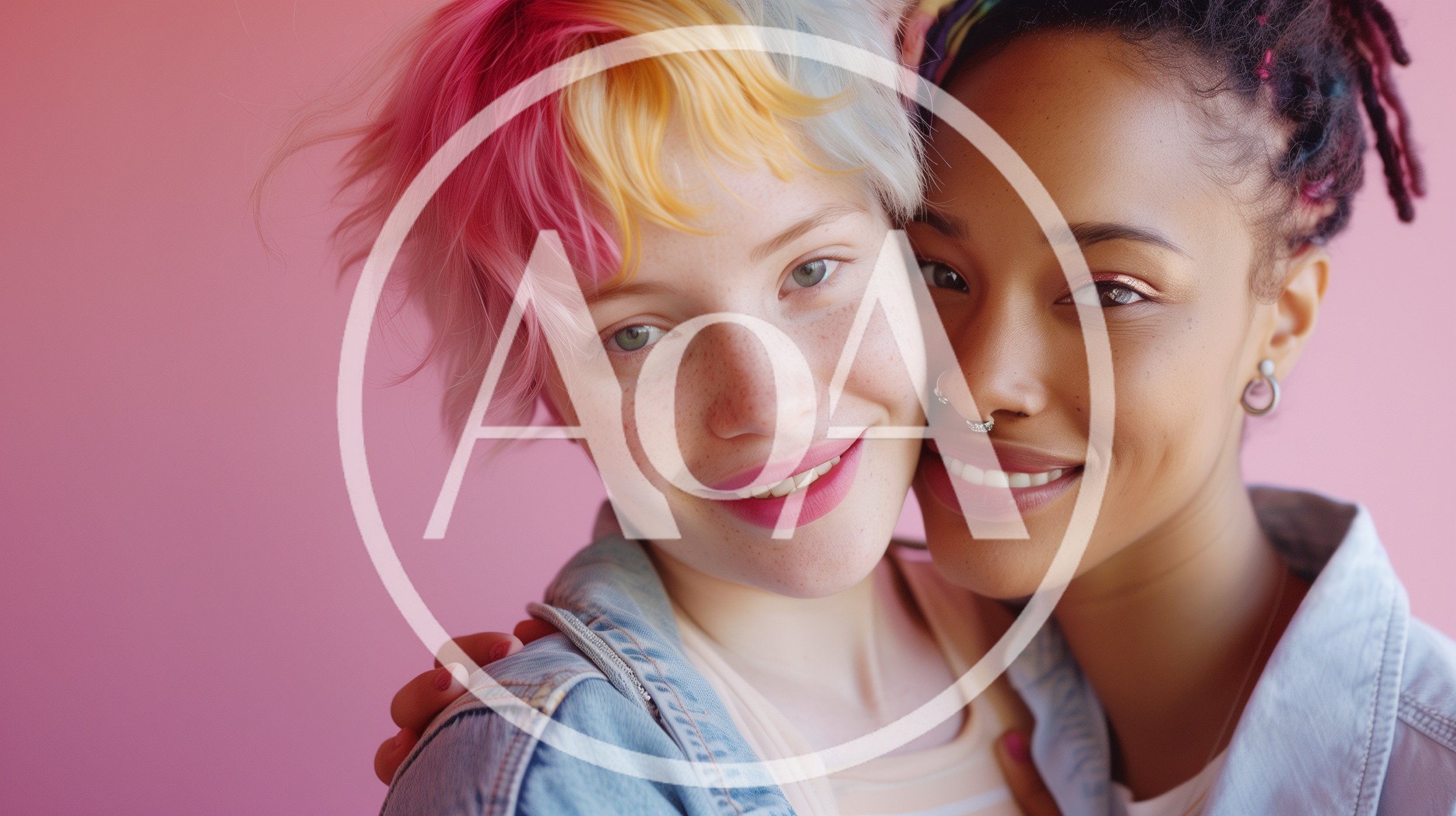 Two Diverse Young Women Embracing Against Pink Background