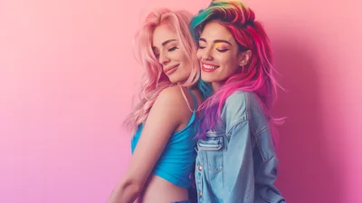 Two Young Women With Colorful Hair Posing Together