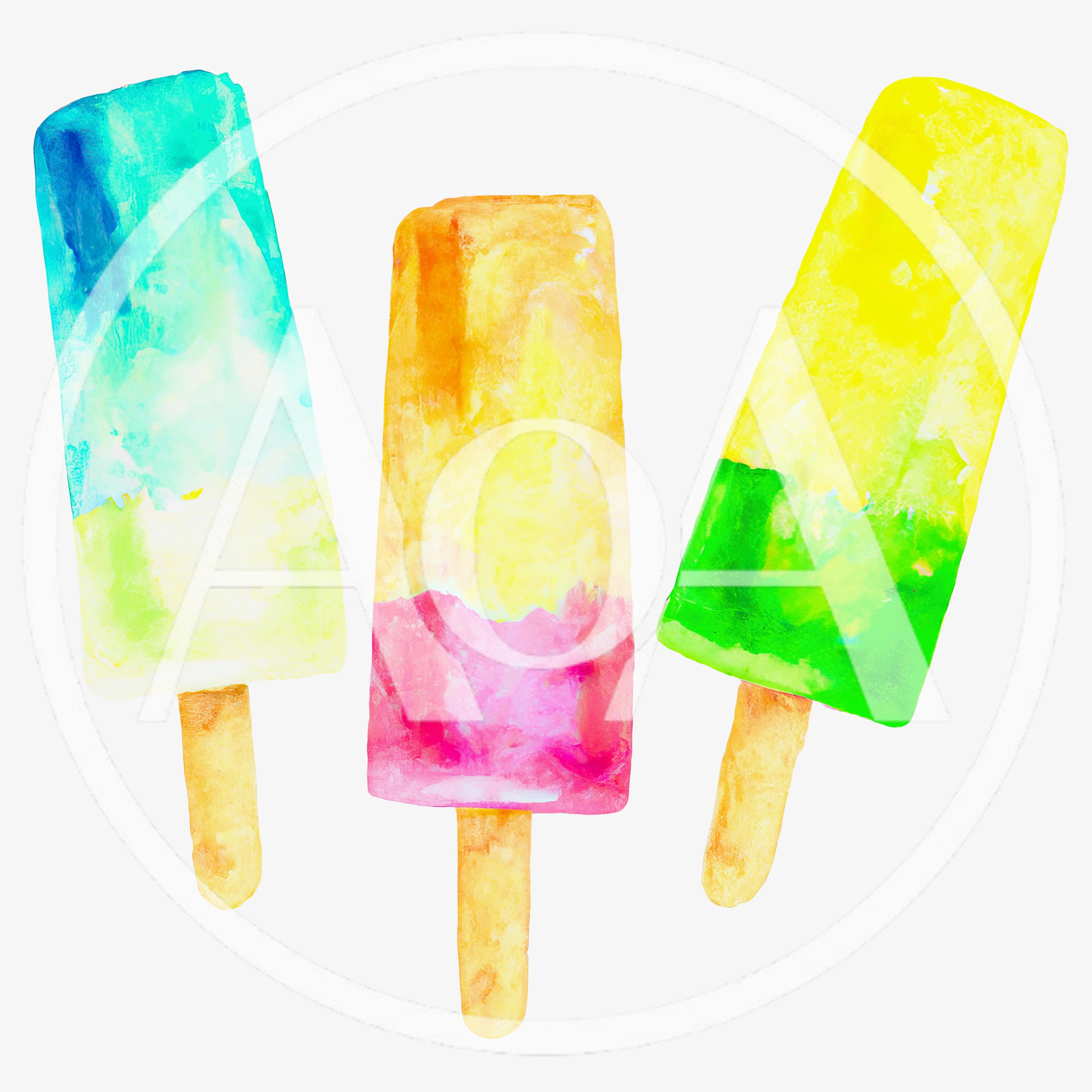 Watercolor Illustration Of Three Colorful Fruit Popsicles