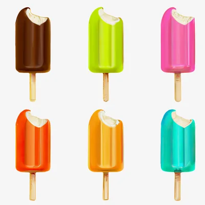 Set Of Six Colorful Bitten Popsicles On Sticks