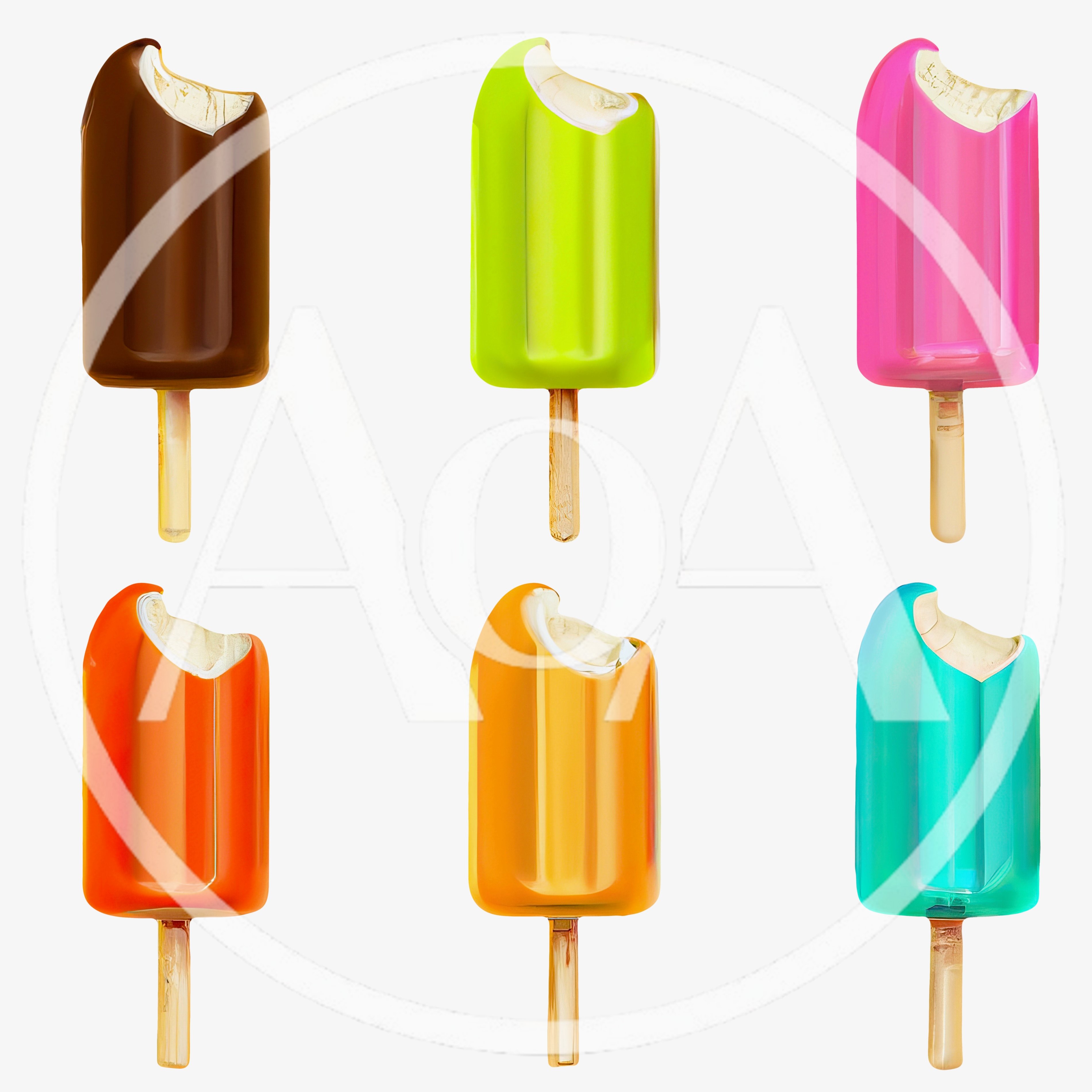 Set Of Six Colorful Bitten Popsicles On Sticks