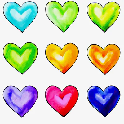 Set of Nine Colorful Watercolor Painted Hearts