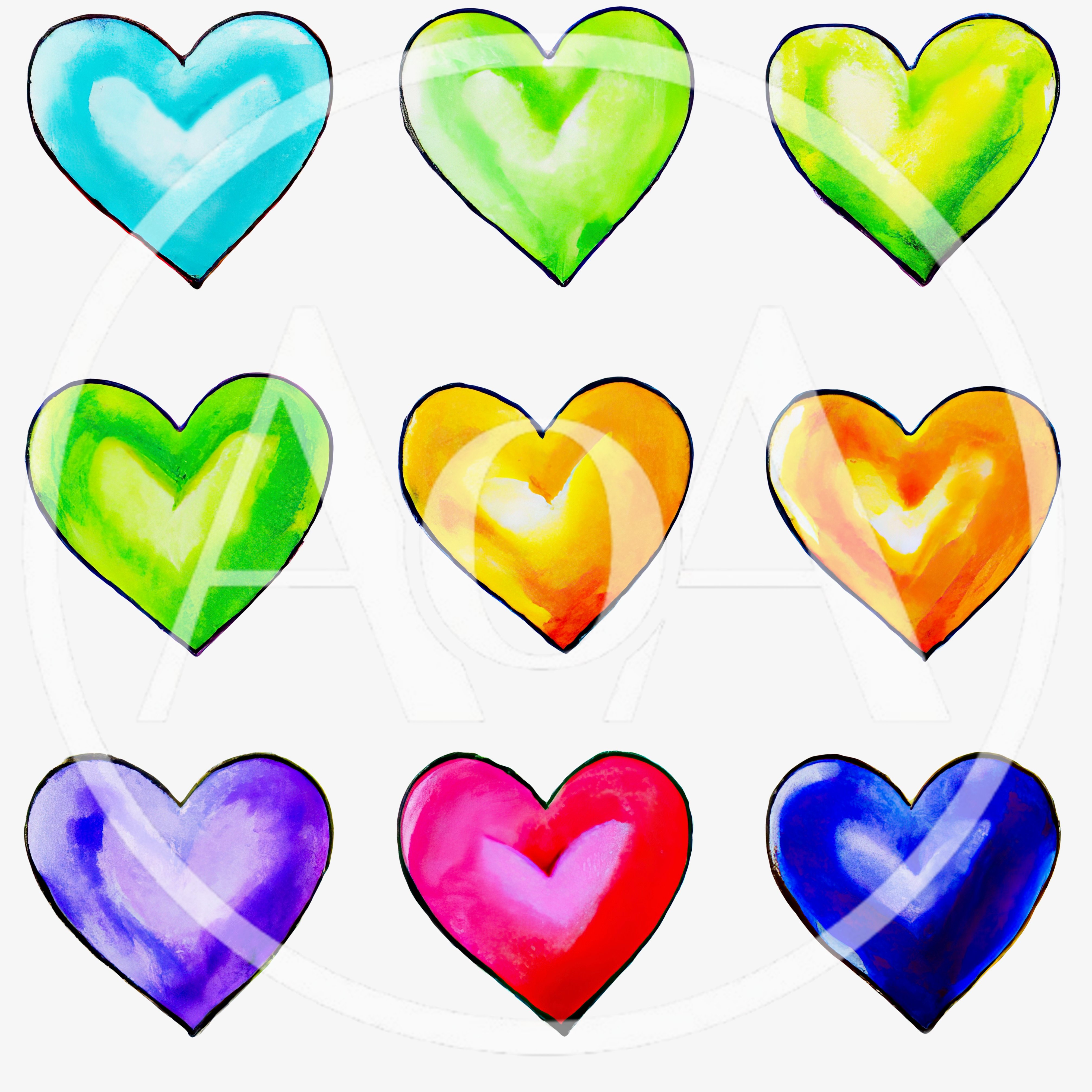 Set of Nine Colorful Watercolor Painted Hearts