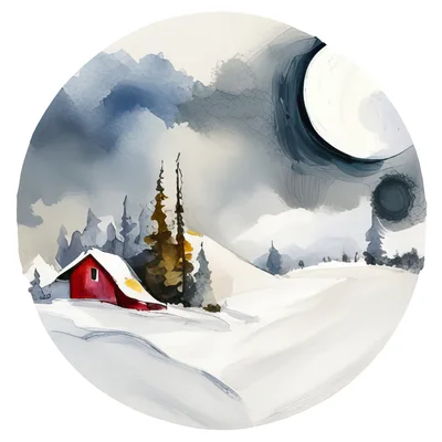 Watercolor Illustration Of A Red Cabin In Winter