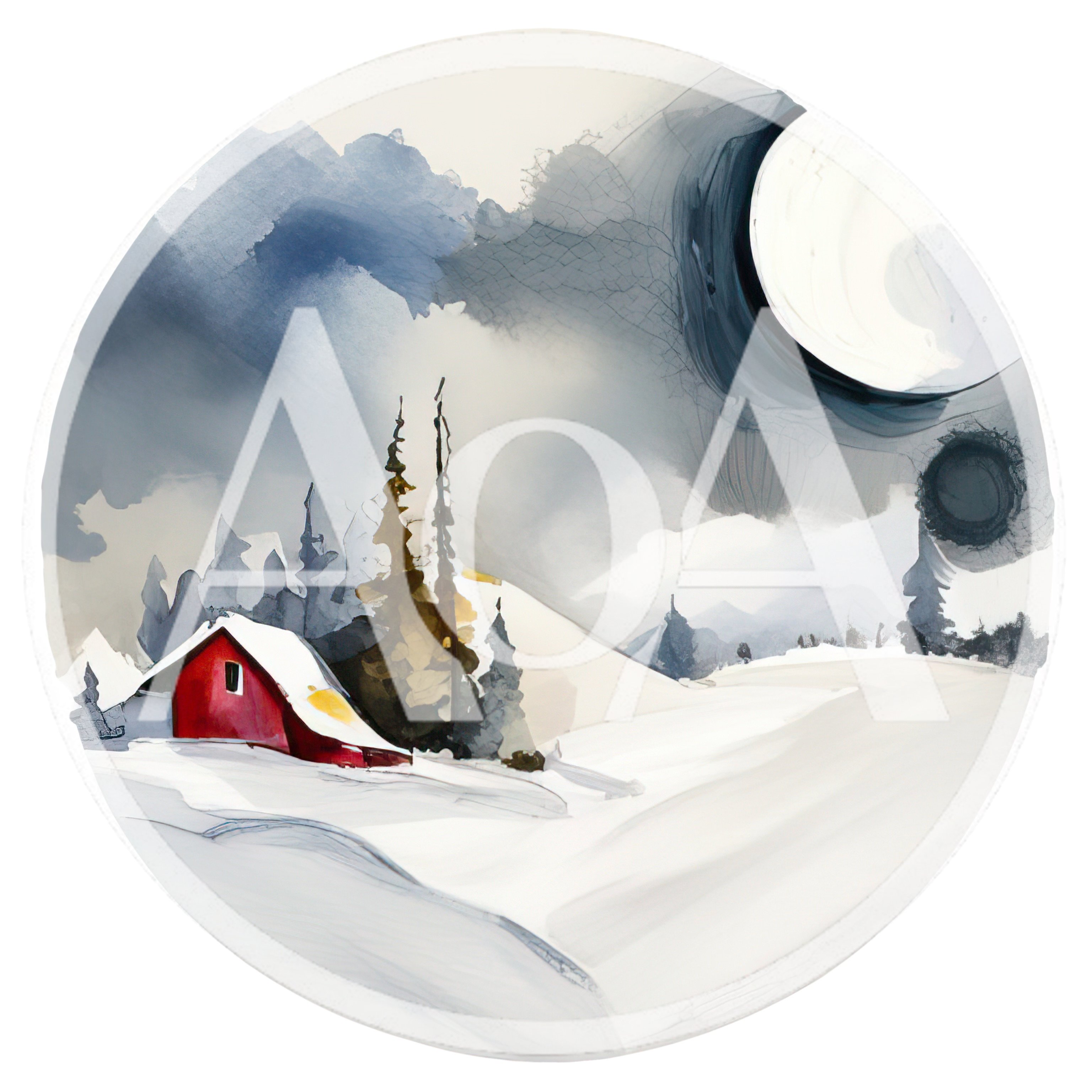 Watercolor Illustration Of A Red Cabin In Winter