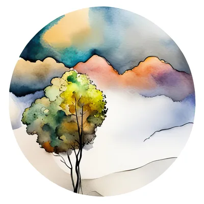 Watercolor Illustration Of A Lone Tree Against Mountains