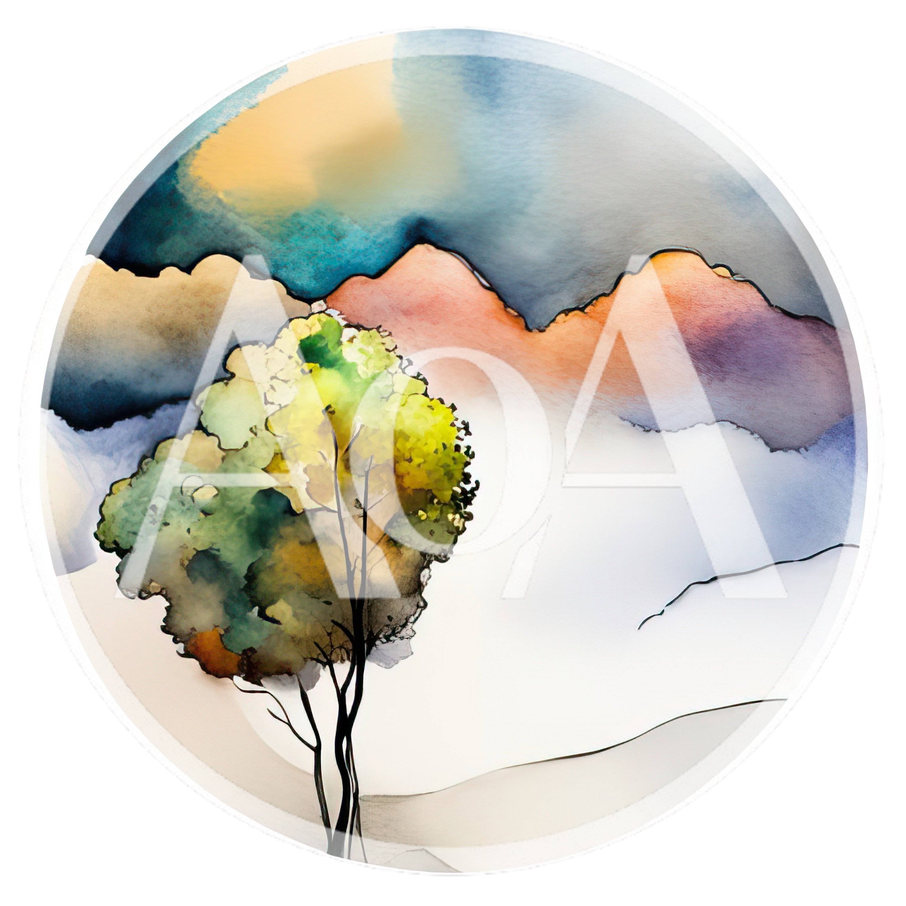 Watercolor Illustration Of A Lone Tree Against Mountains