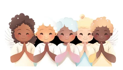 Five Diverse Cartoon Angels Praying Together