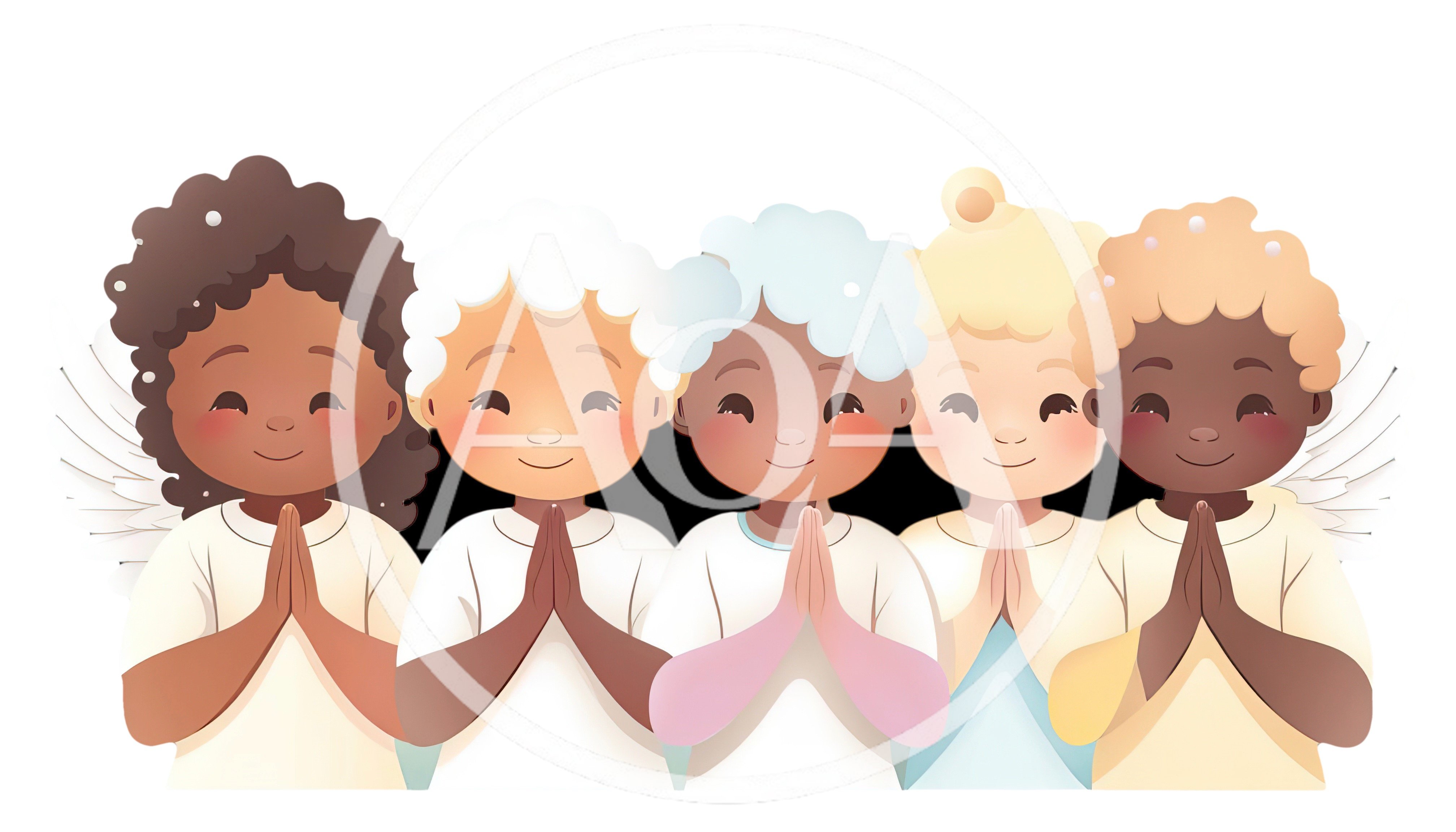 Five Diverse Cartoon Angels Praying Together