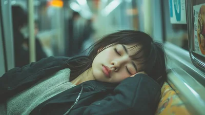 Young Asian Woman Sleeping On A Subway Train