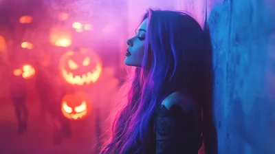 Young Woman Leaning Against Wall With Halloween Pumpkins