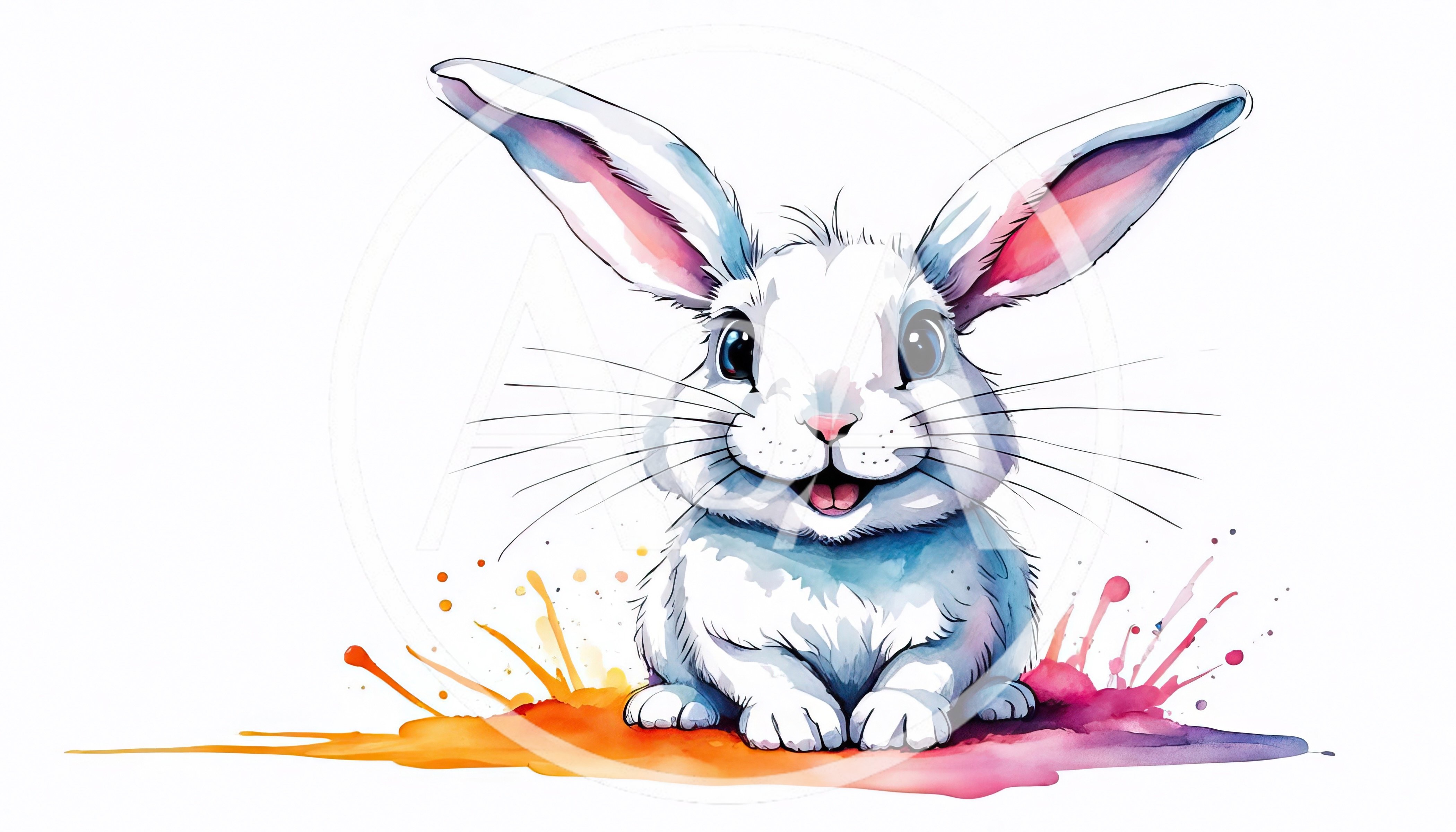 Watercolor Illustration Of A Cute White Rabbit