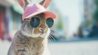 Cool Rabbit Wearing Pink Baseball Cap And Sunglasses