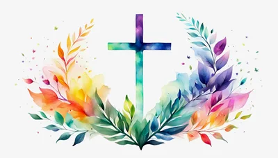 Watercolor Christian Cross With Vibrant Floral Wreath