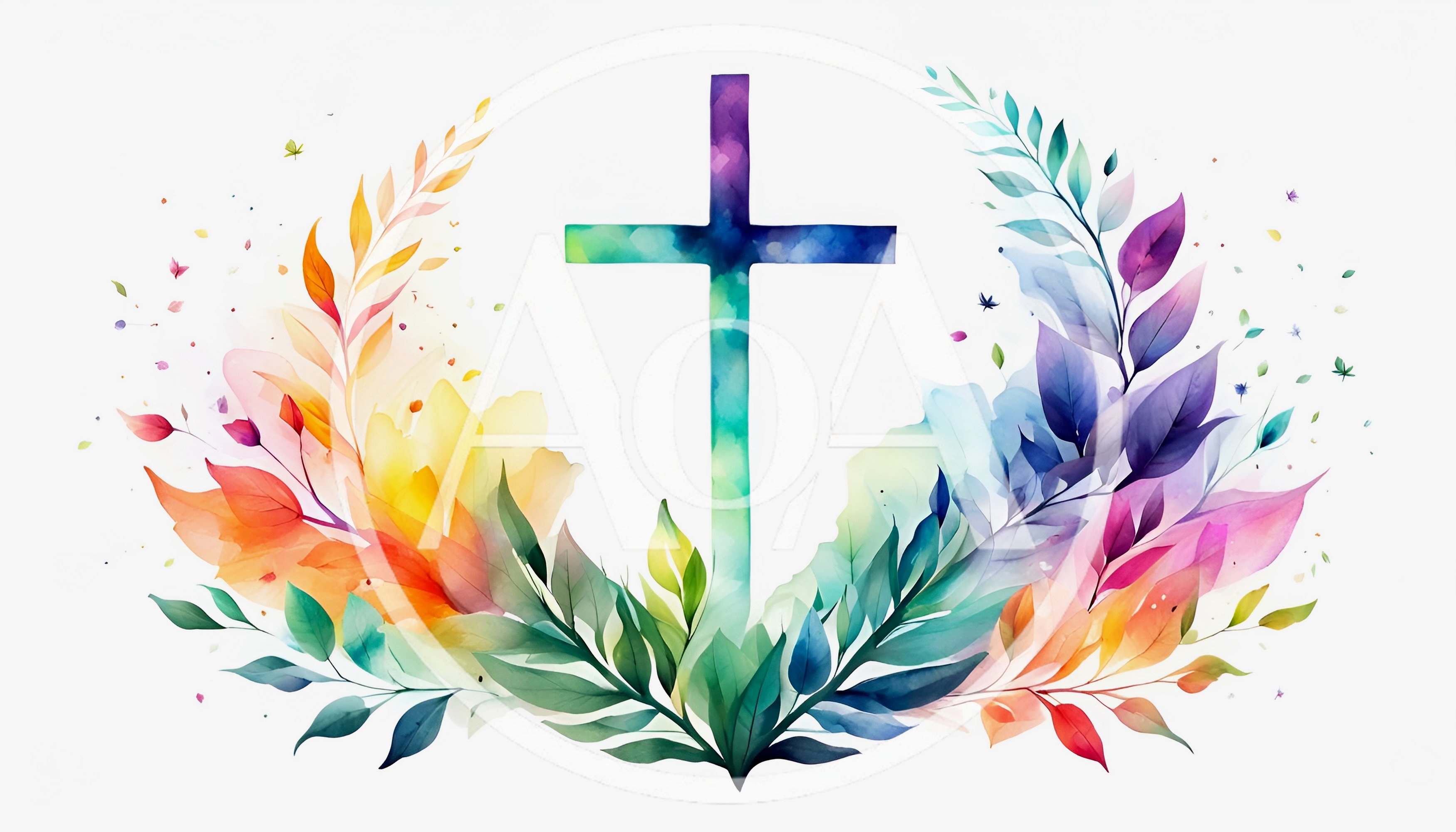 Watercolor Christian Cross With Vibrant Floral Wreath