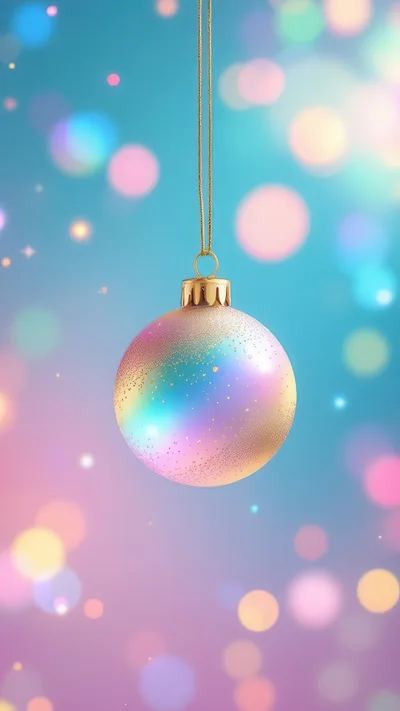 Iridescent Christmas Ornament Hanging Against Bokeh Background