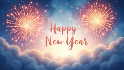 Happy New Year Fireworks Over Clouds