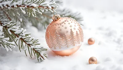 Rose Gold Christmas Ornament on Snowy Pine Branch