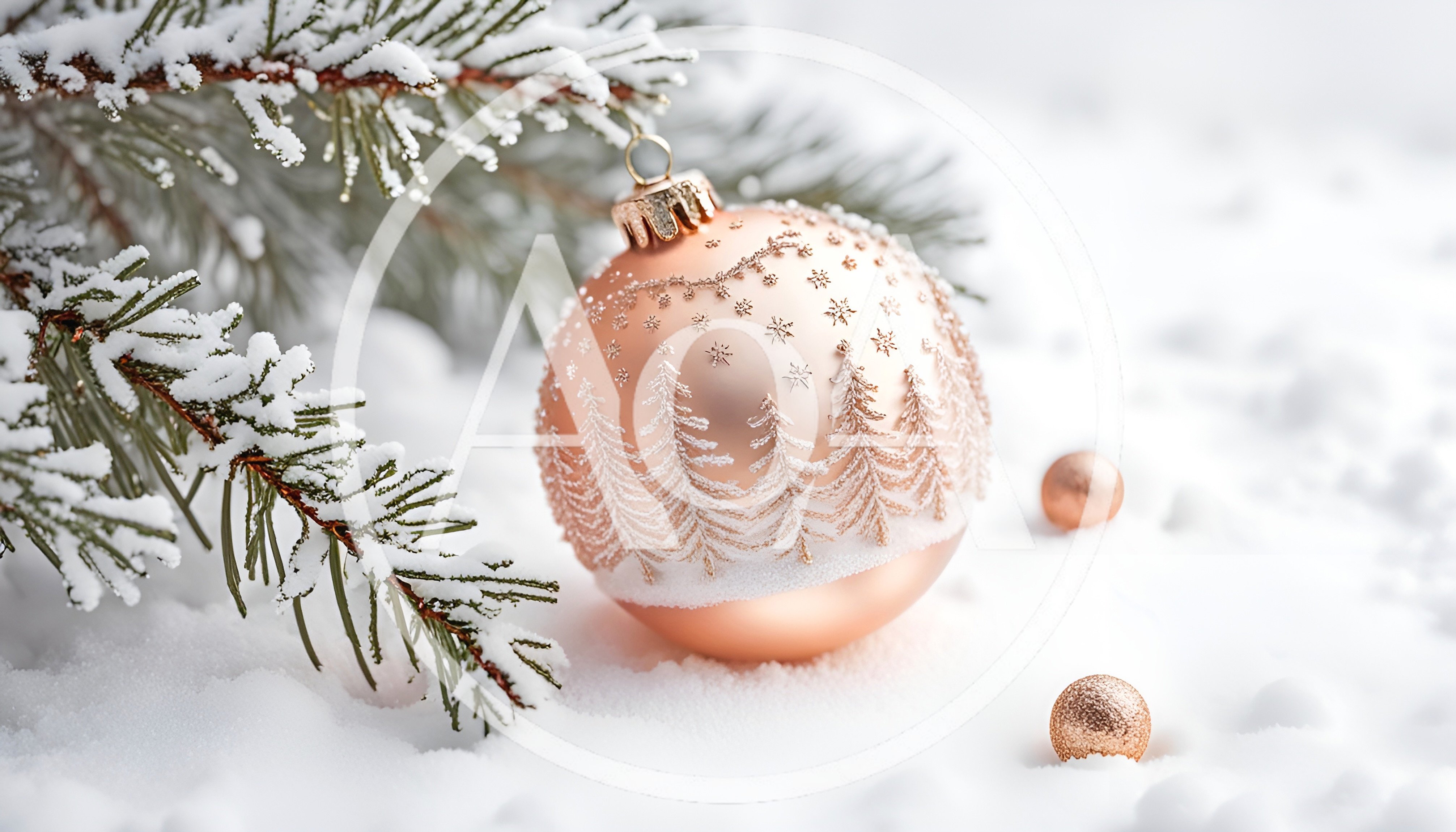Rose Gold Christmas Ornament on Snowy Pine Branch