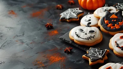 Halloween Decorated Cookies On A Dark Slate Board