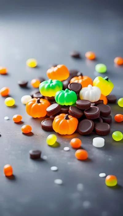 Halloween Candy Assortment With Pumpkins And Chocolate Cups
