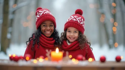 Two Diverse Girls Smiling Outdoors With Christmas Candle