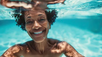 Smiling Mature Woman Swimming Underwater In A Pool