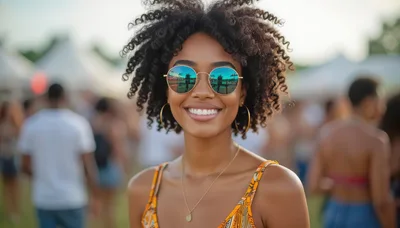 Smiling Young Woman With Curly Hair At Outdoor Festival