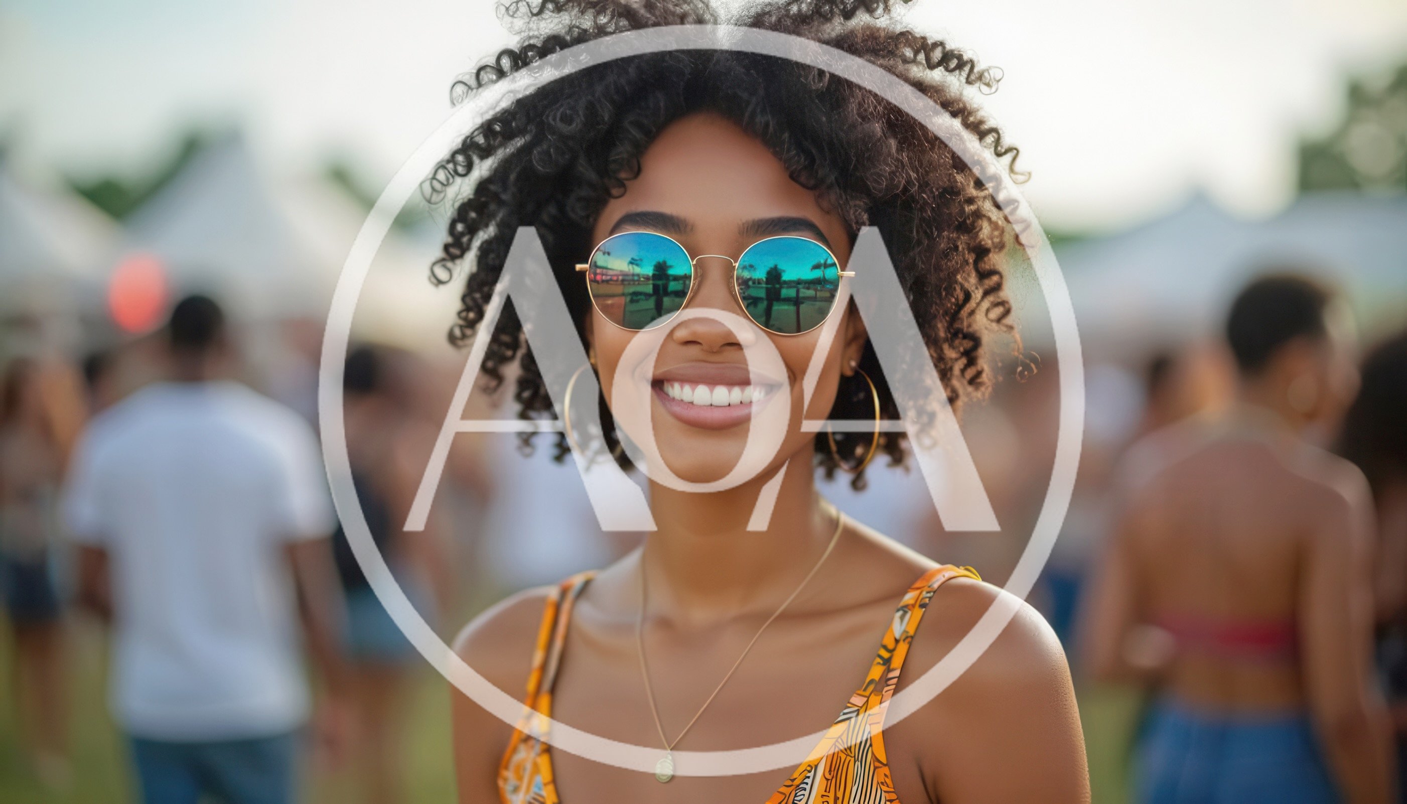 Smiling Young Woman With Curly Hair At Outdoor Festival