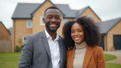 Professional Couple Standing In Front Of Their New Home