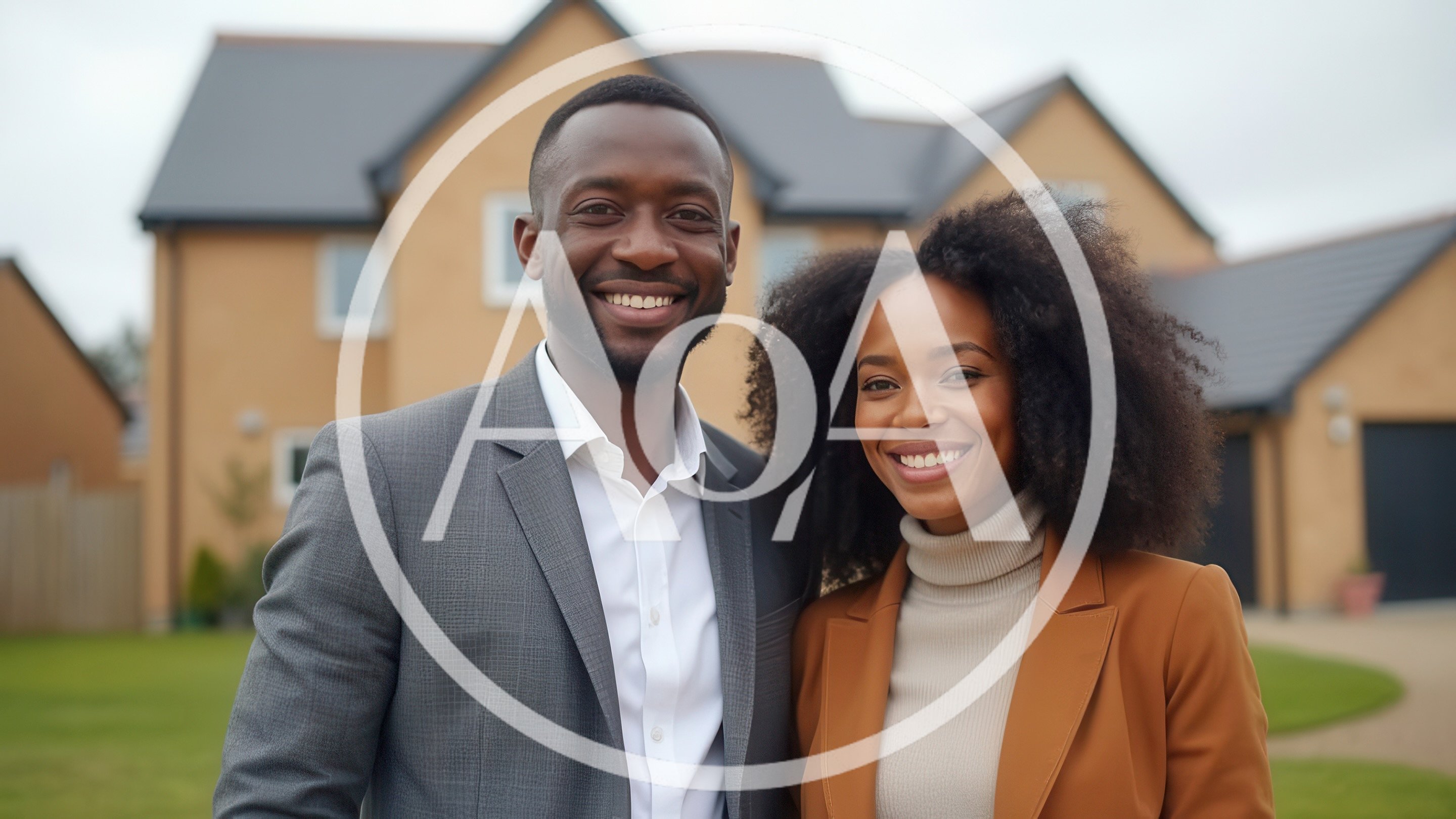 Professional Couple Standing In Front Of Their New Home