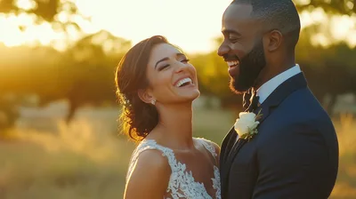 Happy Newlywed Couple Laughing During Golden Hour