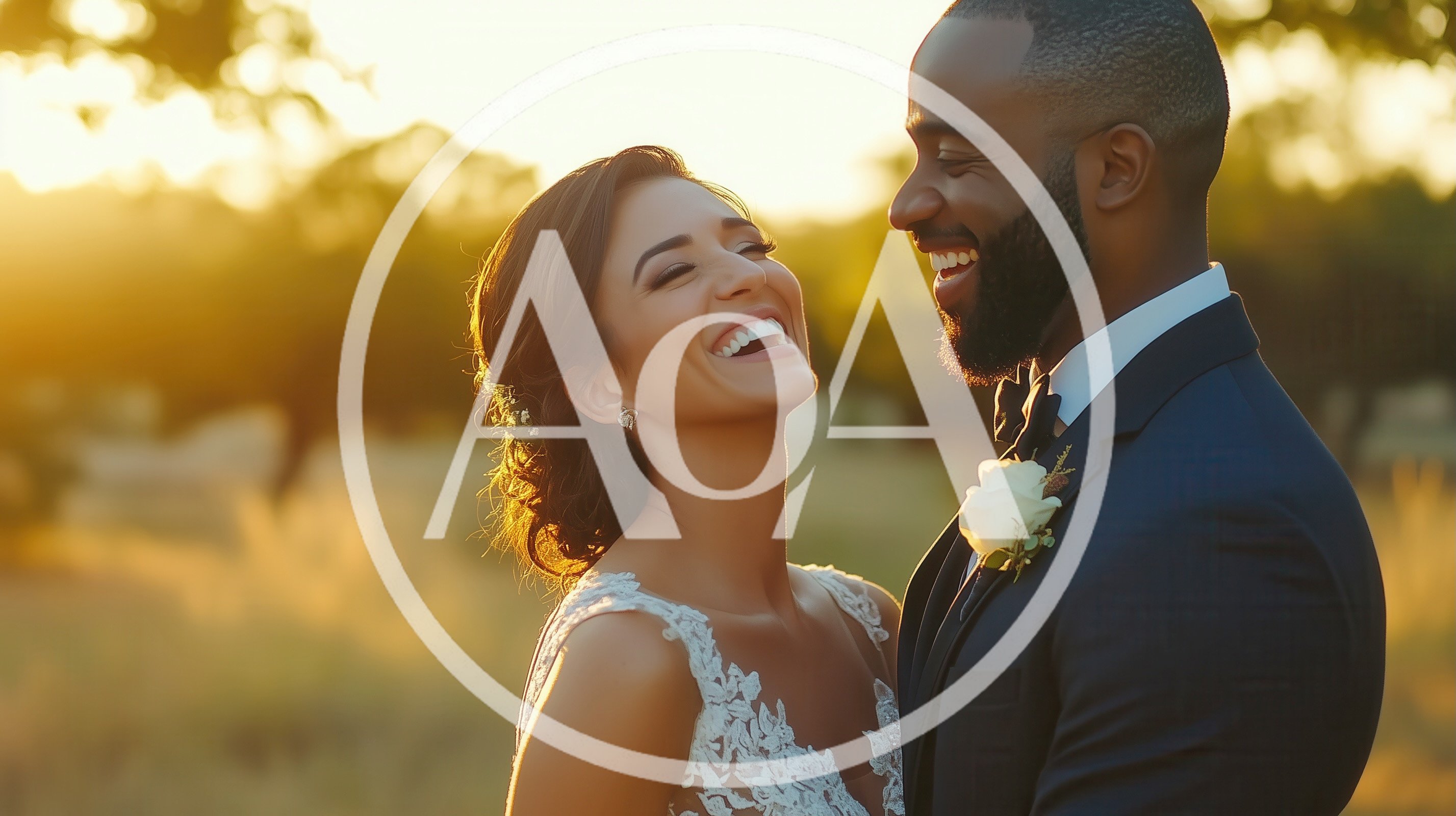 Happy Newlywed Couple Laughing During Golden Hour