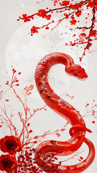 Red Snake Coiled Among Floral Branches