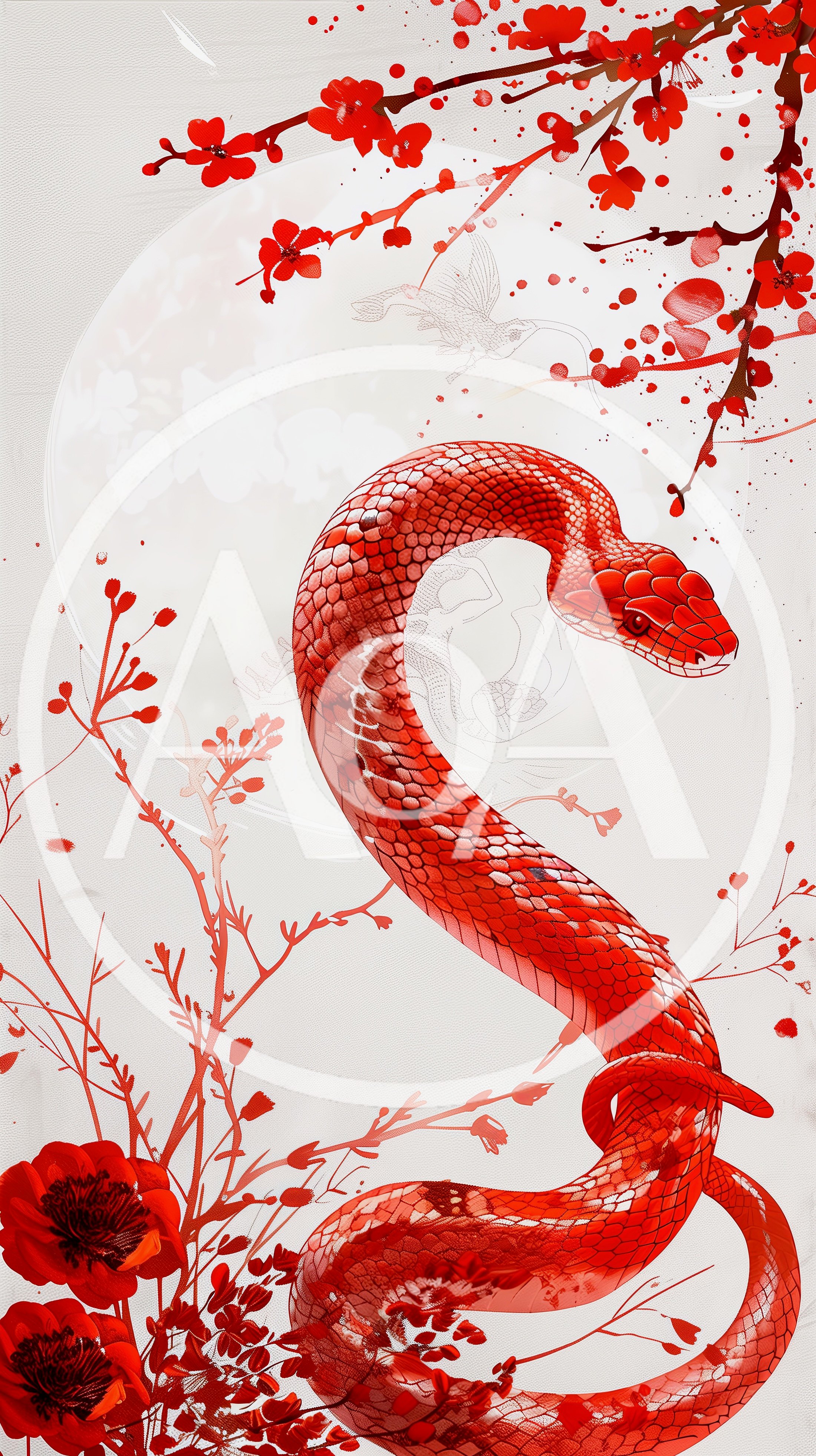 Red Snake Coiled Among Floral Branches