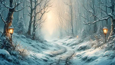 Enchanted Snowy Forest Path With Glowing Lanterns