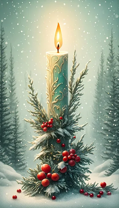 Christmas Candle With Pine Branches And Red Berries